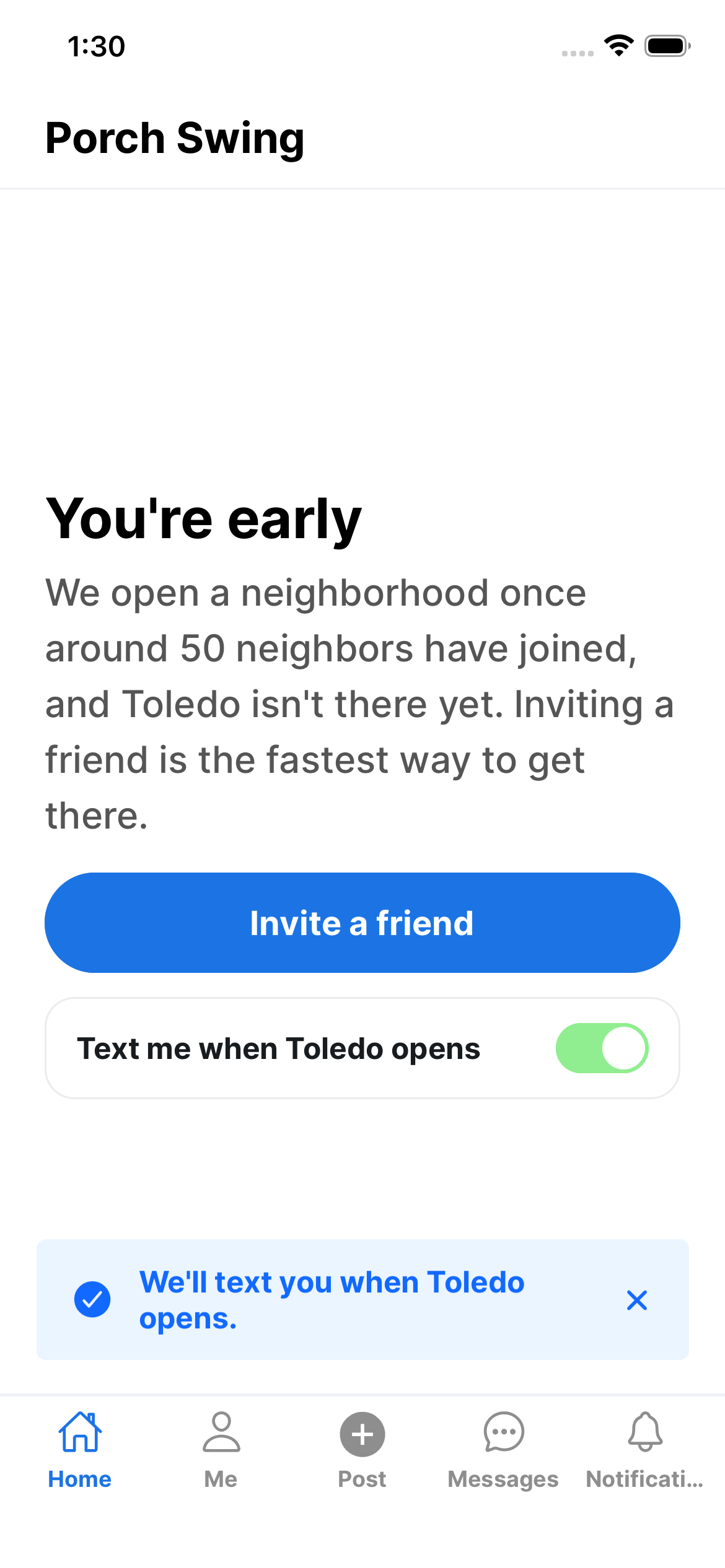 The same home screen after the member ticked the box. The row Text me when Toledo opens now shows its switch turned on, and a confirmation below it reads: We'll text you when Toledo opens.