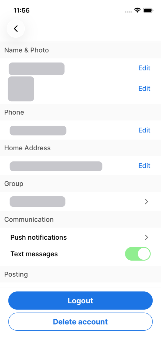 The Porch Swing settings screen. Under a Communication heading, a row for Push notifications and a row for Text messages with a switch turned on. Grey bars cover the member's name, photo, phone number, home address and group for privacy.