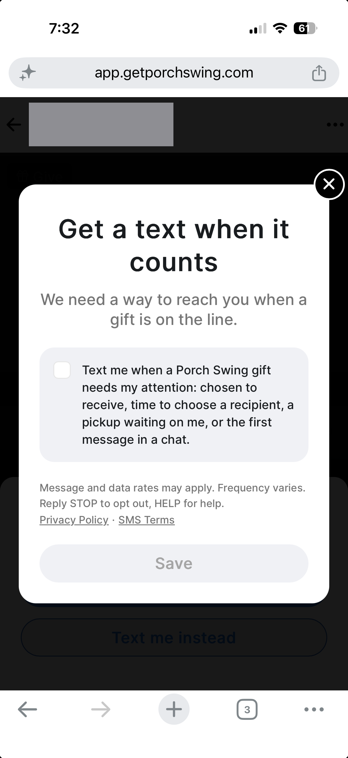 The same website after choosing Text me instead. The consent screen is shown with an unchecked checkbox, the consent wording, the disclosures, and a greyed-out Save button.